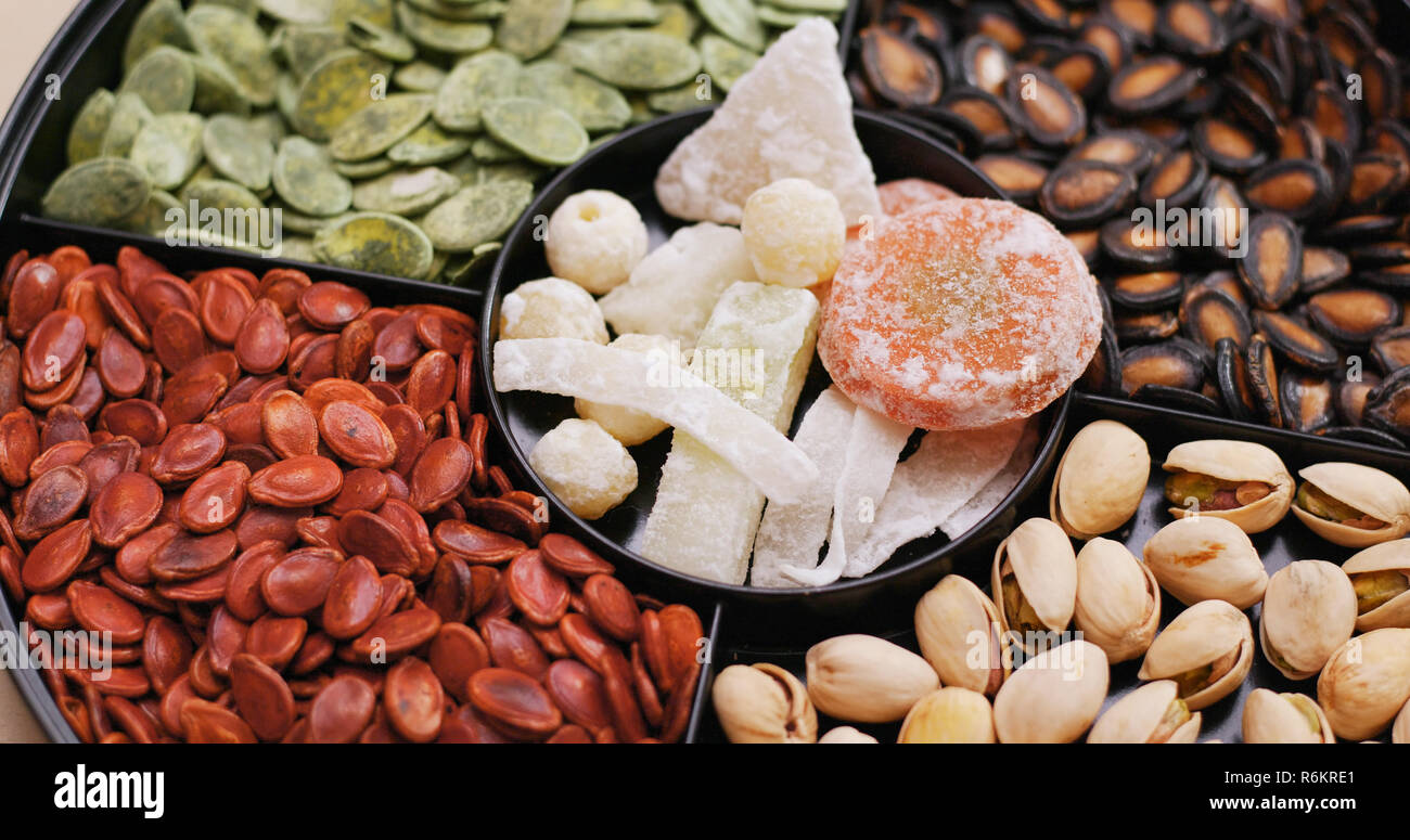 Vista dall'alto di spuntino cinese il vassoio Foto Stock