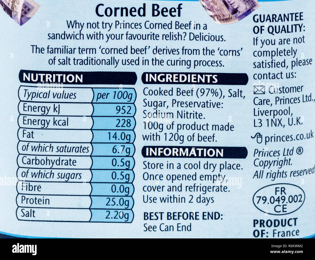 Princes " corned beef " etichetta nutrizionale sul metallo può. Foto Stock