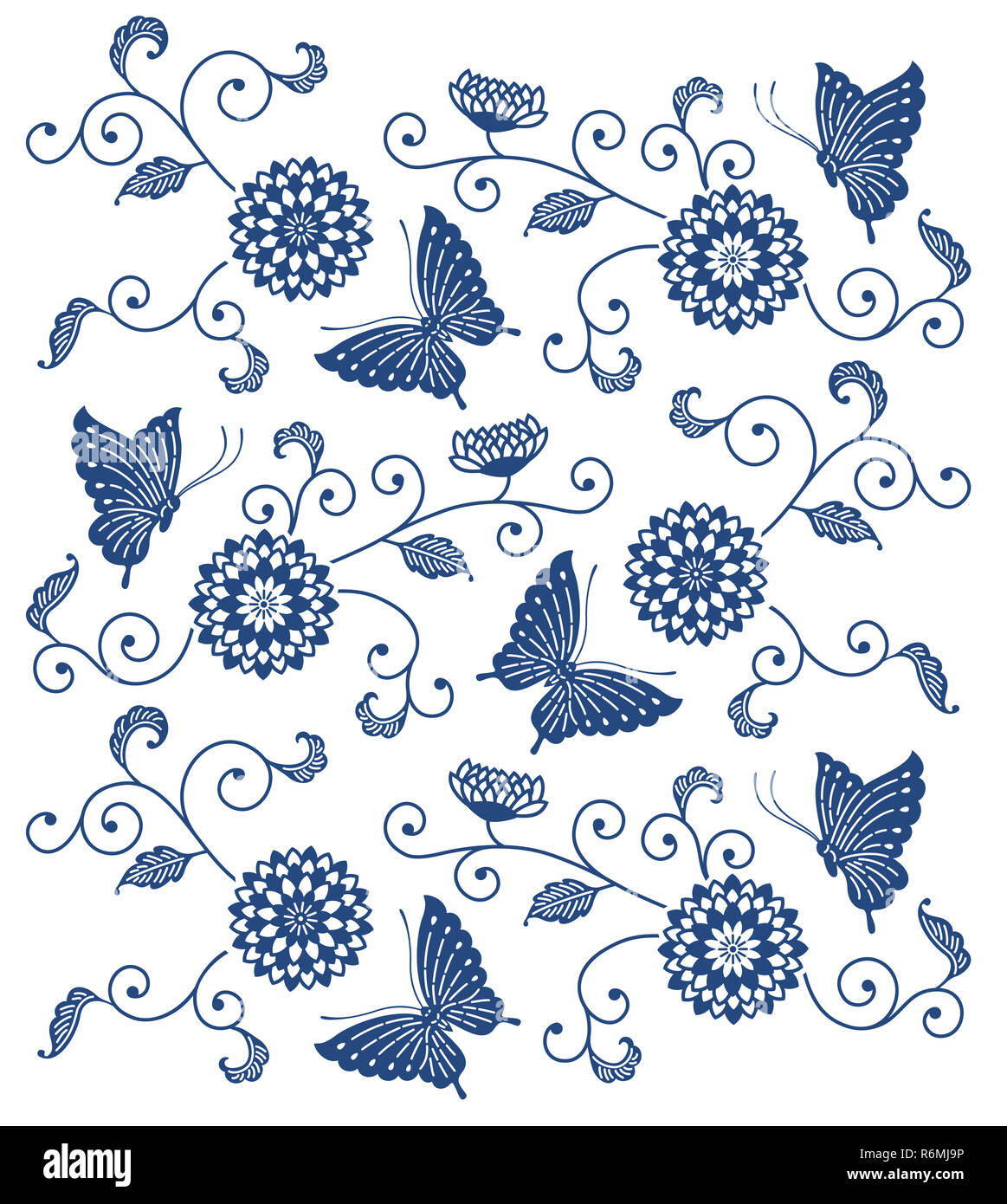 Stile giapponese blu indaco motivo floreale con farfalle Foto Stock