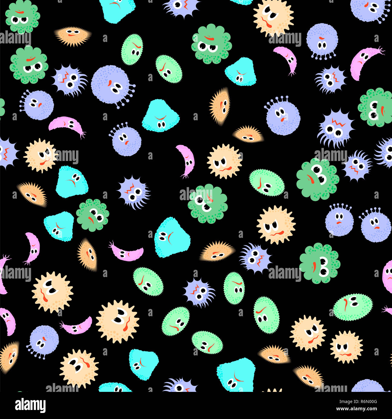 Cartoon microbi Seamless Pattern. Pandemia Backteria. Virus pericolosi. I germi Mickroorganism. Batterio mostri Foto Stock