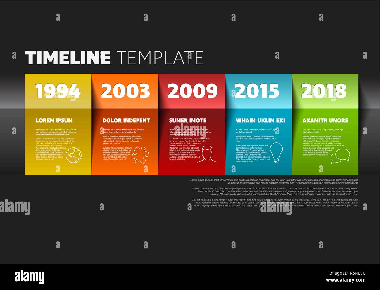Vettore modello timeline realizzato da carte colorate su sfondo scuro Illustrazione Vettoriale