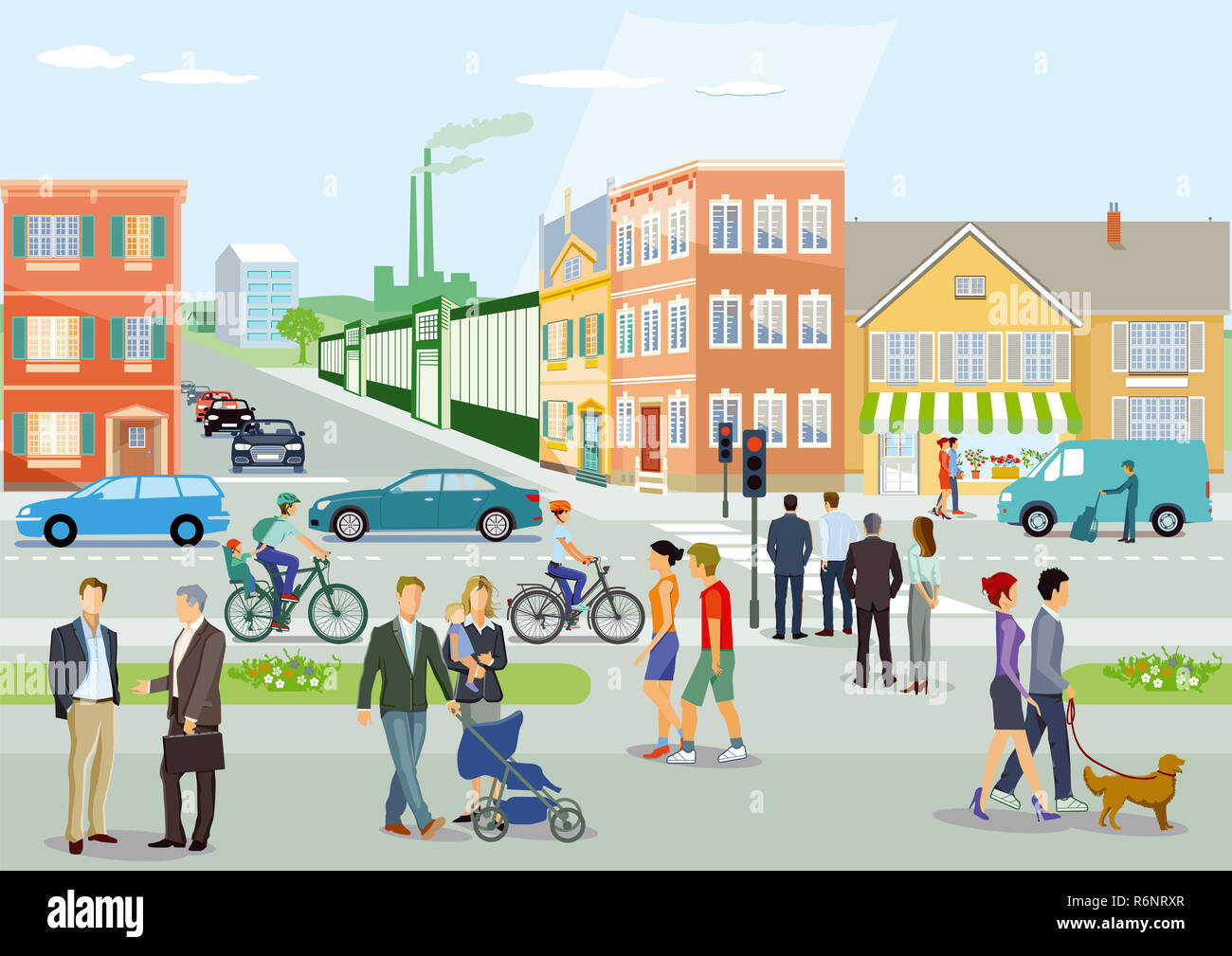 Città con il traffico stradale,i ciclisti e i pedoni, illustrazione Foto Stock