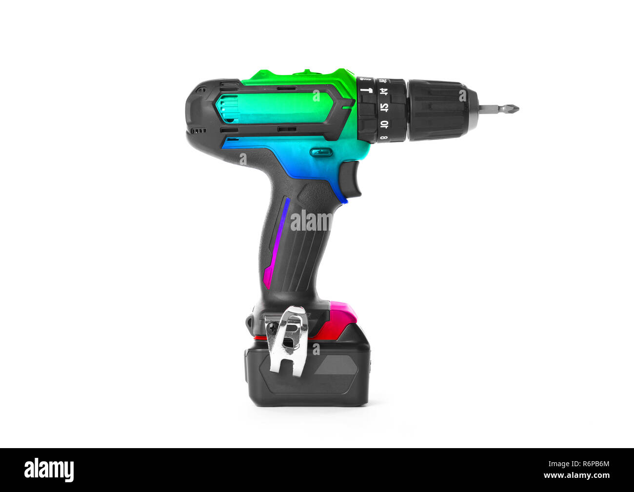Giraviti a batteria o il trapano elettrico isolato su uno sfondo bianco Foto Stock