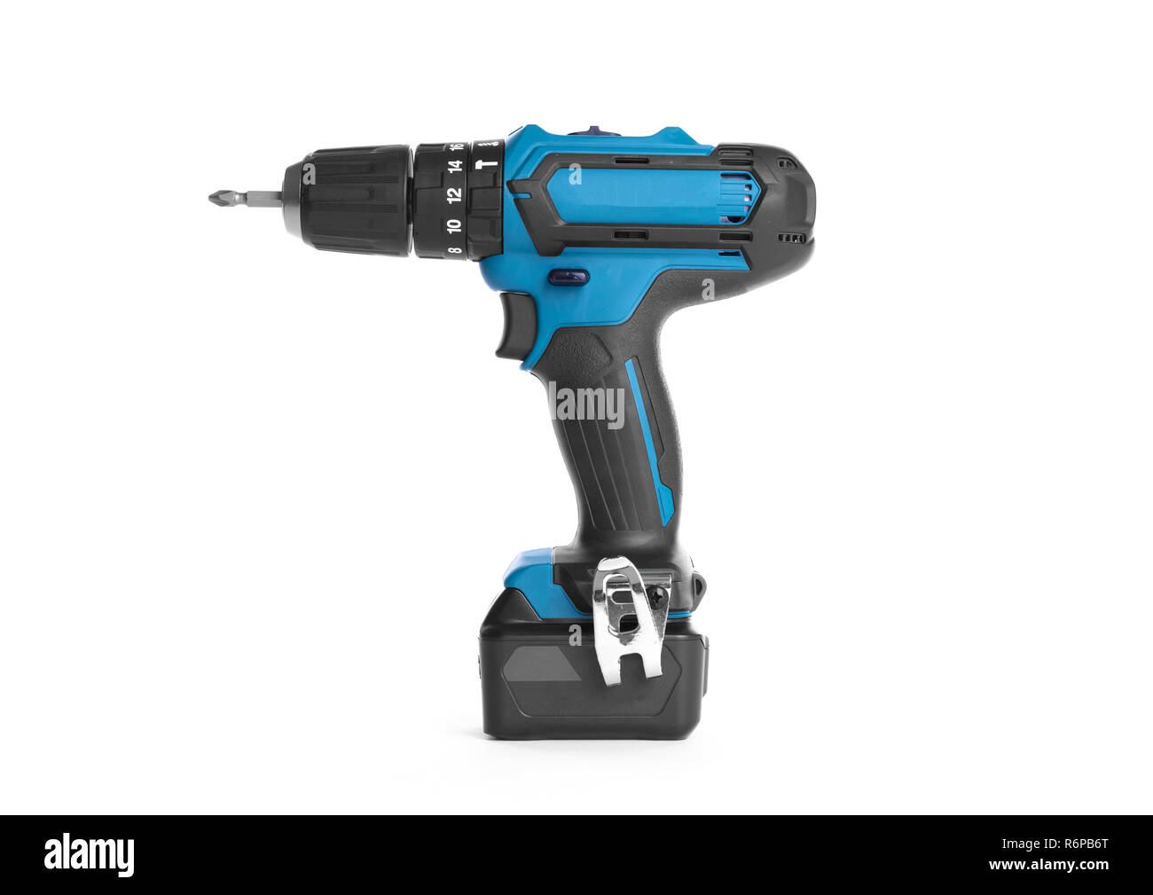 Giraviti a batteria o alimentazione di trapanare isolata su uno sfondo nero Foto Stock
