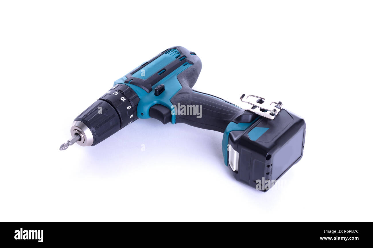 Giraviti a batteria o alimentazione di trapanare isolata su uno sfondo nero Foto Stock