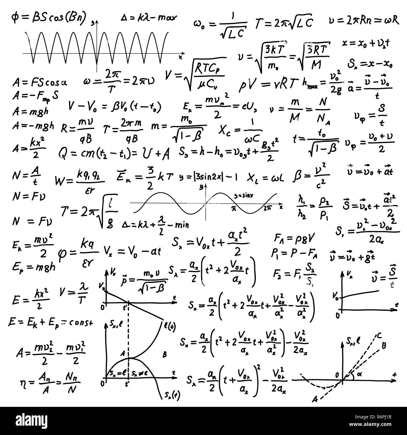 Set di black disegnati a mano scientifica complicate formule e calcoli su bianco Illustrazione Vettoriale