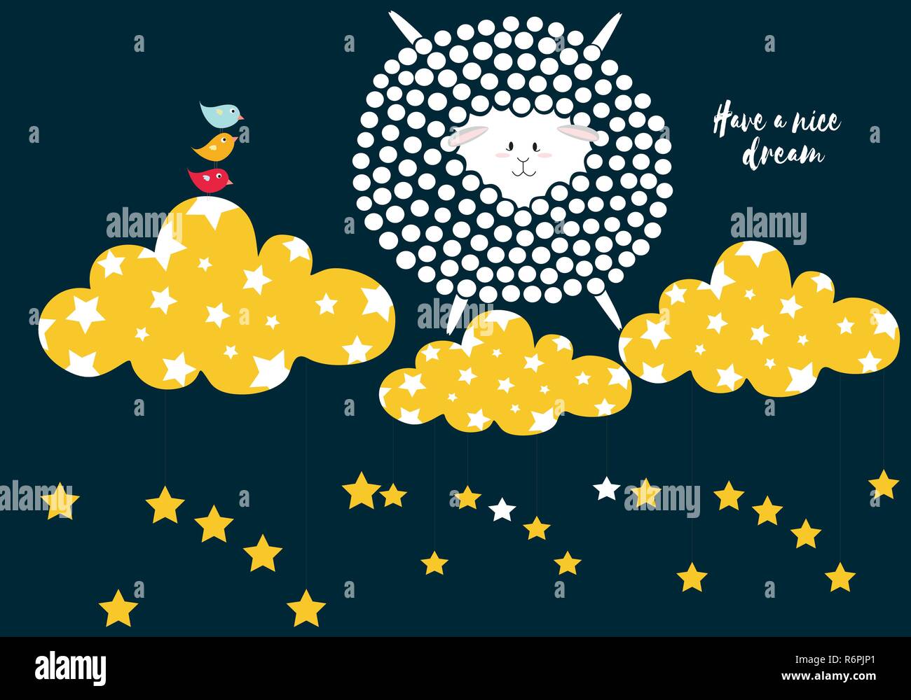 Pecore in punti, hanno un bel sogno scheda in bianco, rosa, oro e nero tavolozza colori illustrazione vettoriale con uccelli e nuvole con stelle, modello, su Illustrazione Vettoriale