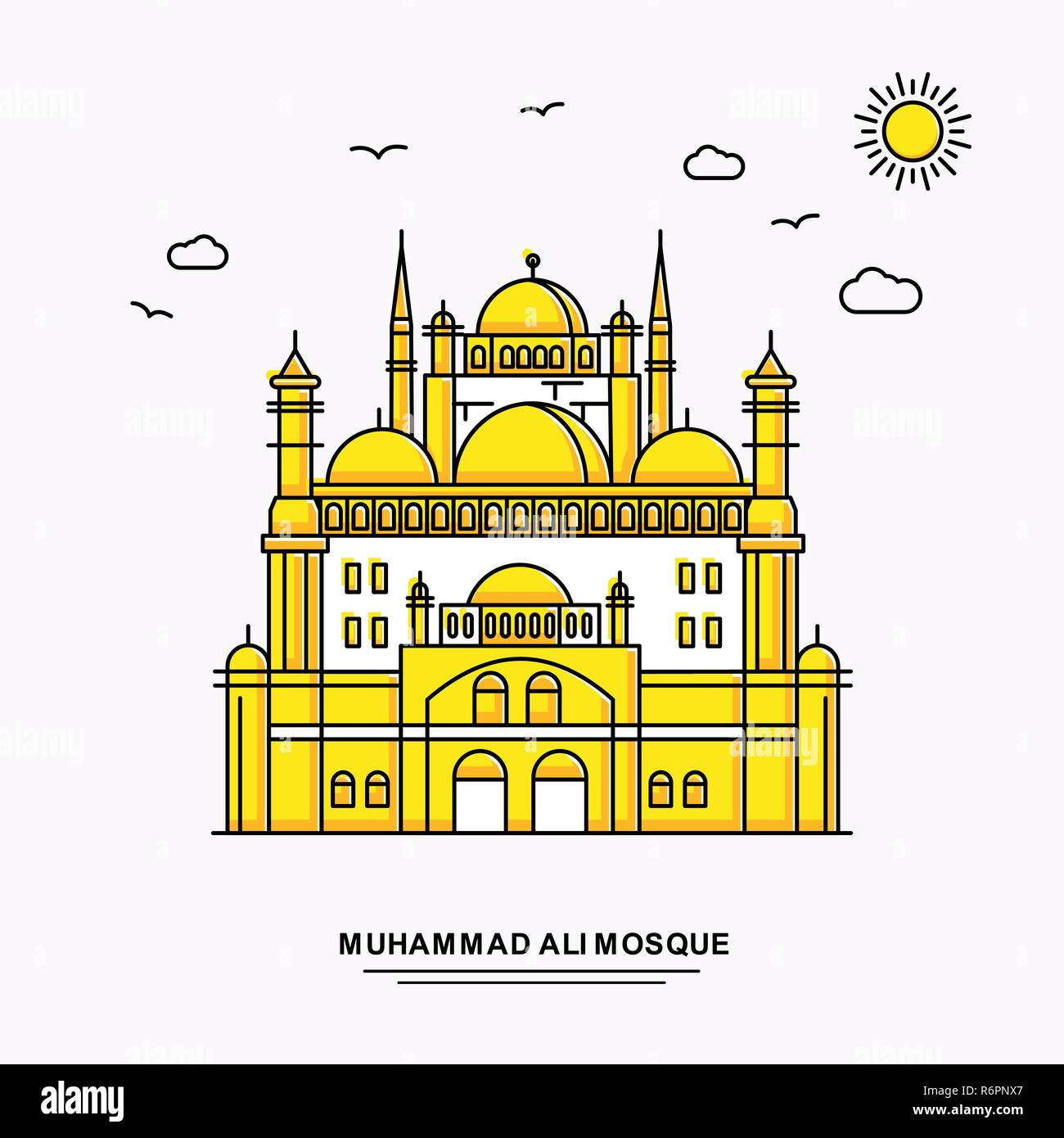 MUHAMMAD ALI monumento moschea modello Poster. World Travel giallo lo sfondo dell'illustrazione in linea con lo stile beauture scena naturale Illustrazione Vettoriale