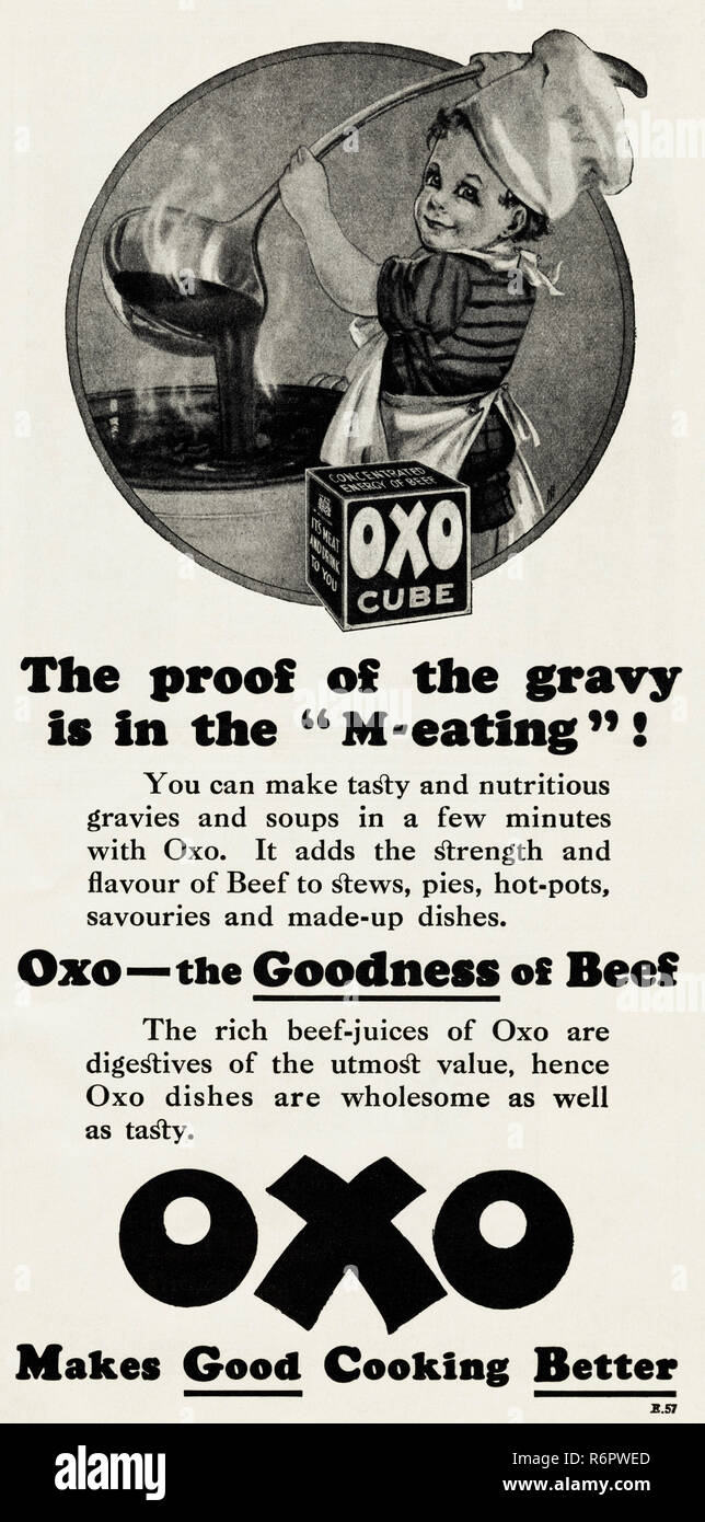 Originale degli anni trenta vintage vecchio annuncio stampa da 30s rivista inglese pubblicità Oxo cubetti di carne bovina per la cottura di circa 1932 Foto Stock