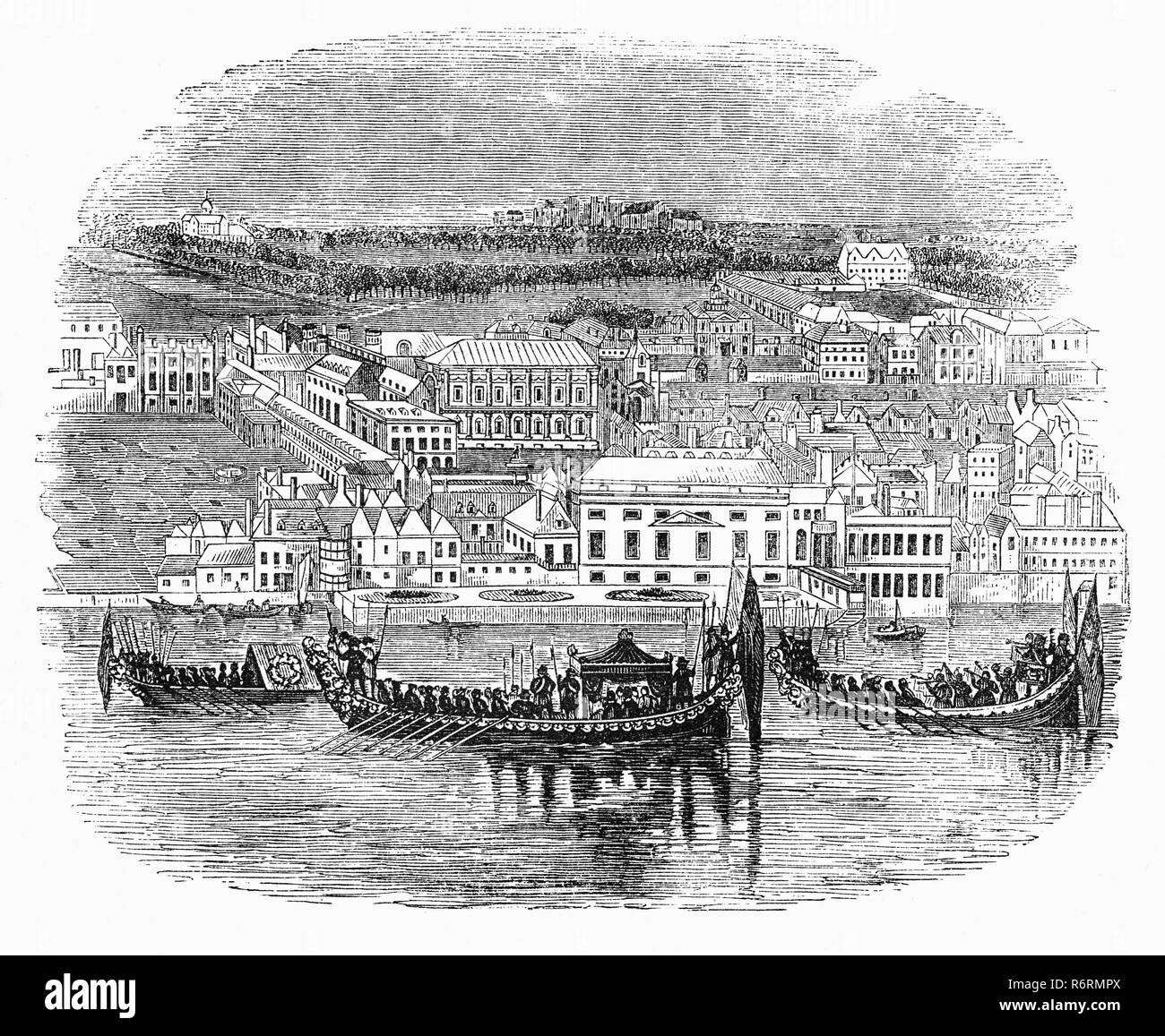 Un Royal Aquatic processione sul Fiume Tamigi passando il palazzo di Whitehall (o Palazzo della Sala bianca) a Westminster, Middlesex, fu la residenza principale dei monarchi Inglesi dal 1530 fino al 1698, quando la maggior parte delle sue strutture, eccetto per il fatto di Inigo Jones di Banqueting House di 1622, furono distrutti dal fuoco. Il palazzo dà il suo nome, Whitehall, la strada sulla quale molti degli attuali edifici amministrativi dell attuale governo britannico sono situati, e quindi metonymically al governo centrale stesso. Foto Stock