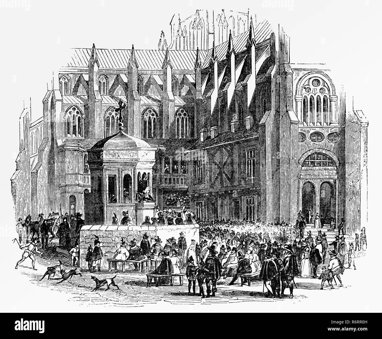 San Paolo della Croce (aka "Powles Crosse") era una predicazione croce e open-air pulpito in 'Croce cantiere", uno spazio aperto sul lato nord-est della vecchia cattedrale di St Paul, città di Londra. Questa è stata la più importante pulpito pubblico in Tudor e early Stuart Inghilterra, e molti dei più importanti dichiarazioni sulla politica e religiosa di modifiche apportate dalla riforma sono state rese pubbliche da qui. Fu distrutto dall'Puritans nel 1643 durante la Prima Guerra Civile Inglese. Foto Stock