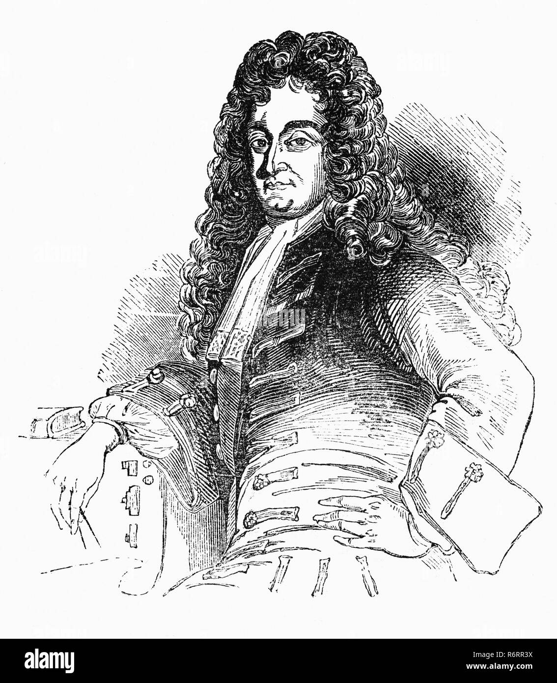Un ritratto di Sir Christopher Wren PRS FRS (1632-1723), un inglese anatomista, astronomo geometra e matematico-fisico, nonché uno dei più acclamati architetti inglese nella storia. Egli era stato accordato la responsabilità per la ricostruzione di 52 chiese nelle città di Londra dopo il grande incendio nel 1666, compreso ciò che è considerato come il suo capolavoro, la Cattedrale di St Paul, su Ludgate Hill, completato nel 1710. Foto Stock