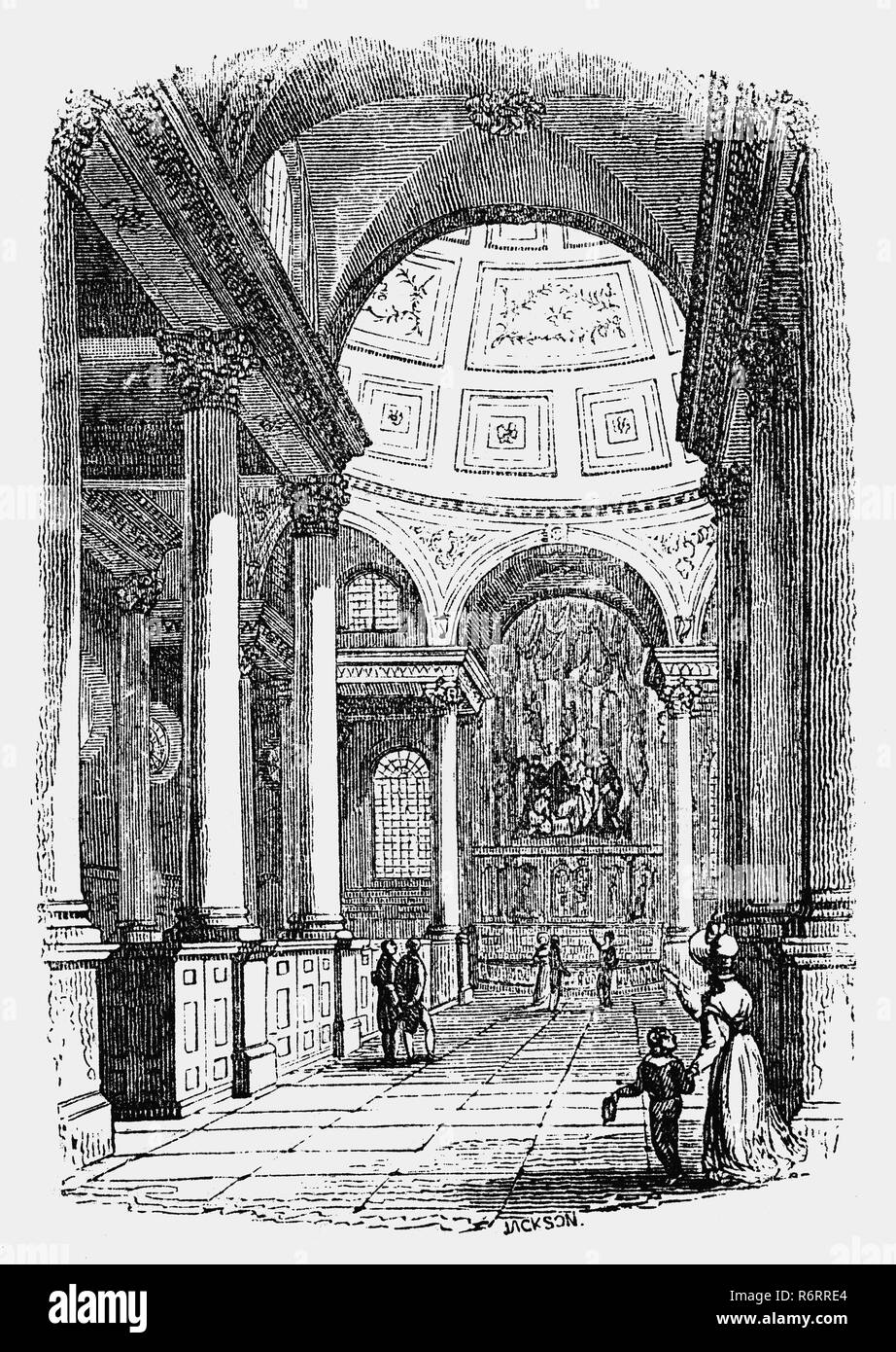 L'interno di St Stephen Walbrook, nella City di Londra, parte della chiesa di Inghilterra del diocesi di Londra. La presente chiesa a cupola fu eretta per i disegni di Sir Christopher Wren dopo la distruzione del suo predecessore medievale al Grande Incendio di Londra nel 1666. Foto Stock