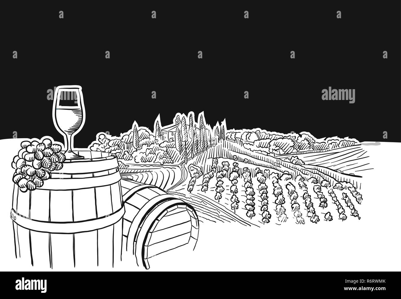 Paesaggio di vigneti con scena di vetro, disegnati a mano il cibo del vettore illustrazione per etichetta di vite e il social media marketing Illustrazione Vettoriale