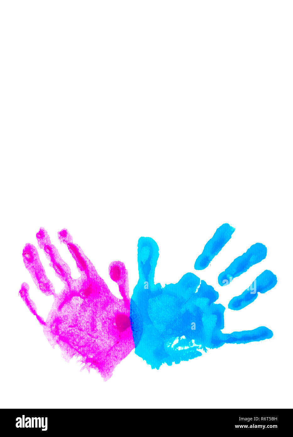 Rosa e blu del bambino handprints isolato su bianco. Foto Stock