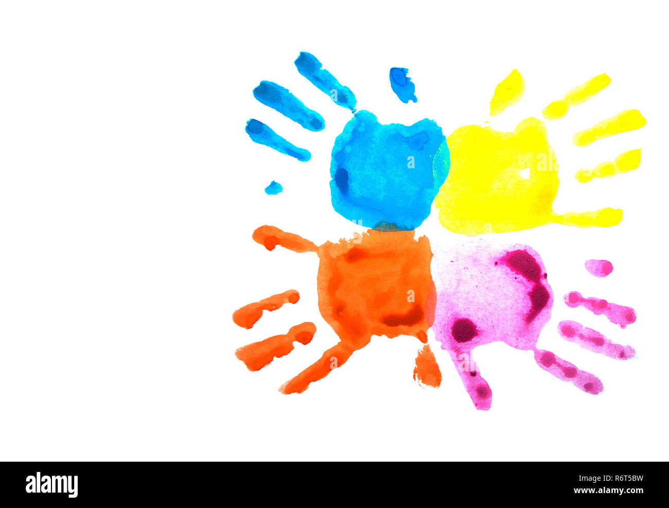 Rosa e blu del bambino handprints isolato su bianco. Foto Stock