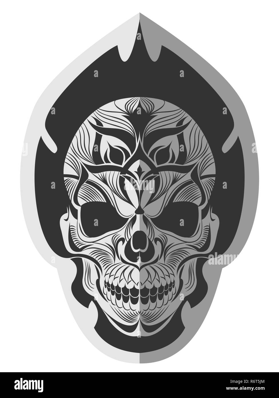 Decorative in bianco e nero cranio carta piatto arte memorabile per adesivo tatuaggio o stampare t-shirt Foto Stock