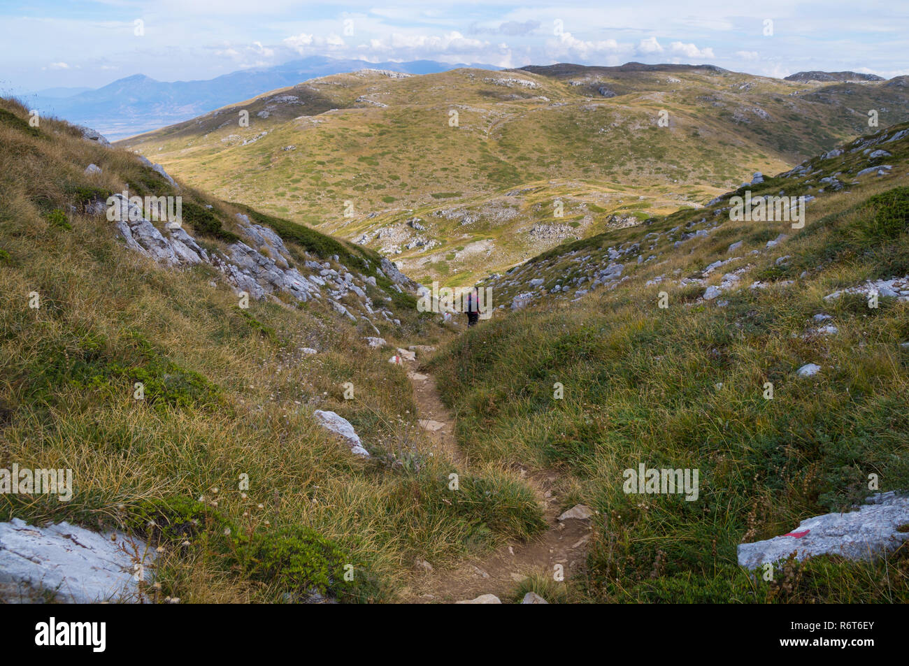 Giovane uomo escursionismo un sentiero in Galicica Parco Nazionale. Foto Stock