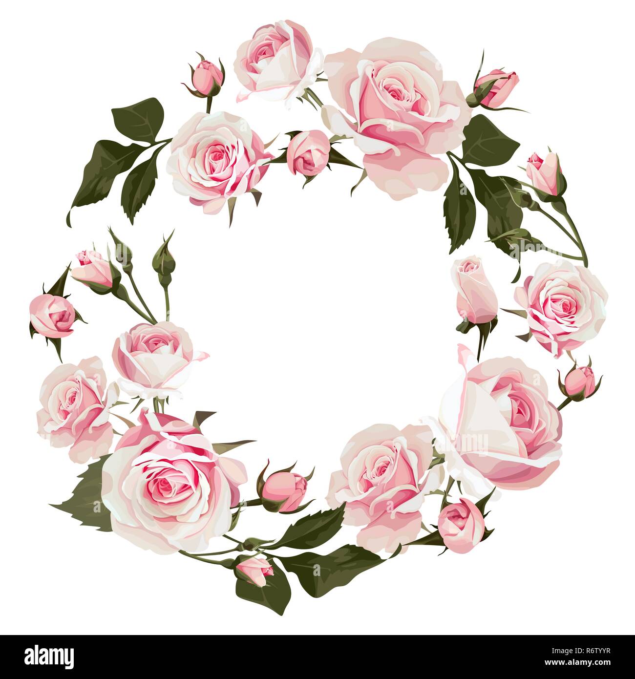 Vettore ghirlanda floreale con rose. Telaio fiorito con fiori di colore rosa per il giorno del matrimonio o st. Il giorno di san valentino Illustrazione Vettoriale
