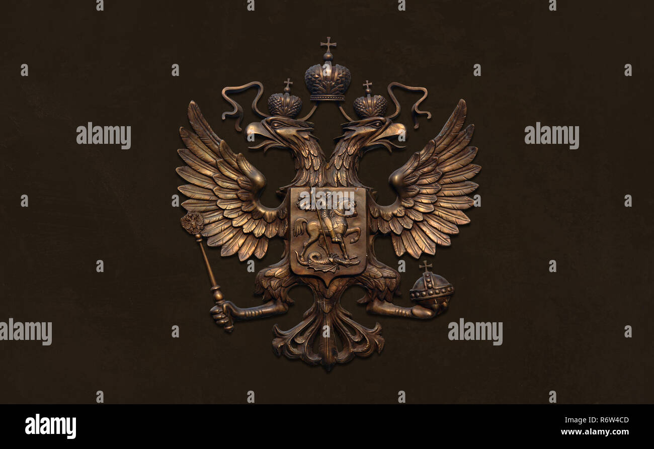 Il bronzo due capitoli eagle, emblema della Russia. Foto Stock