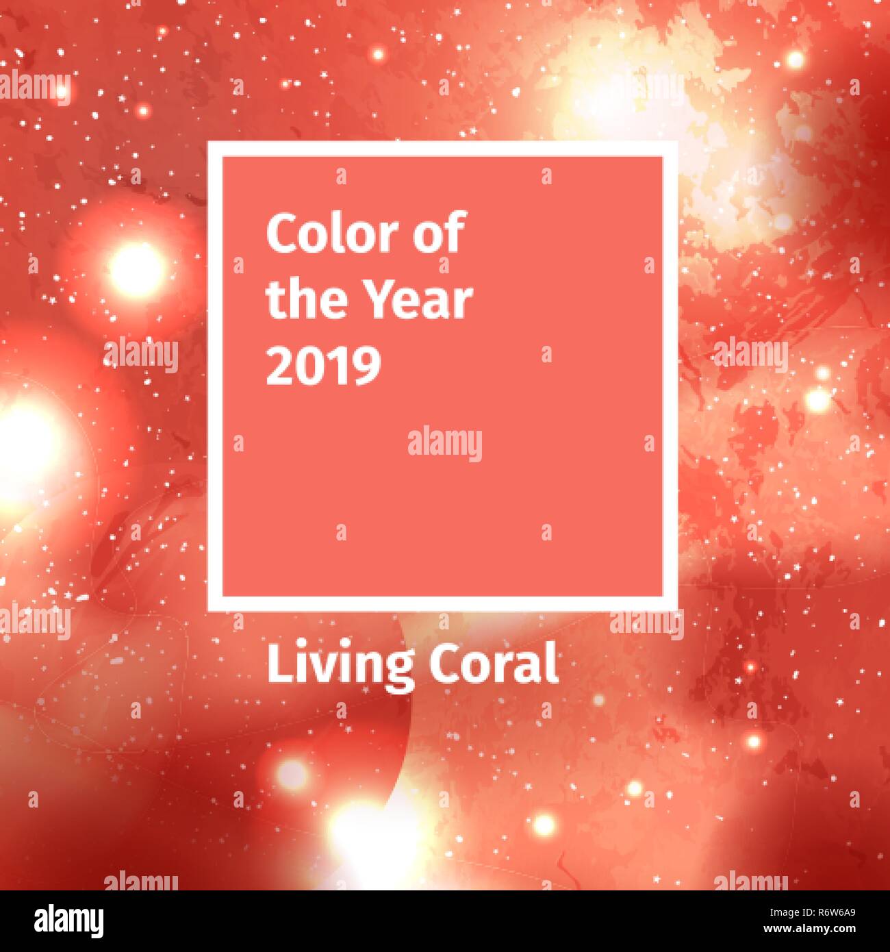 Il colore dell'anno 2019. Colore tavolozza di tendenza. Swatch coralli viventi colore di sfondo con spazio di Galaxy, cosmo stellato. Illustrazione Vettoriale con sistema solare Illustrazione Vettoriale