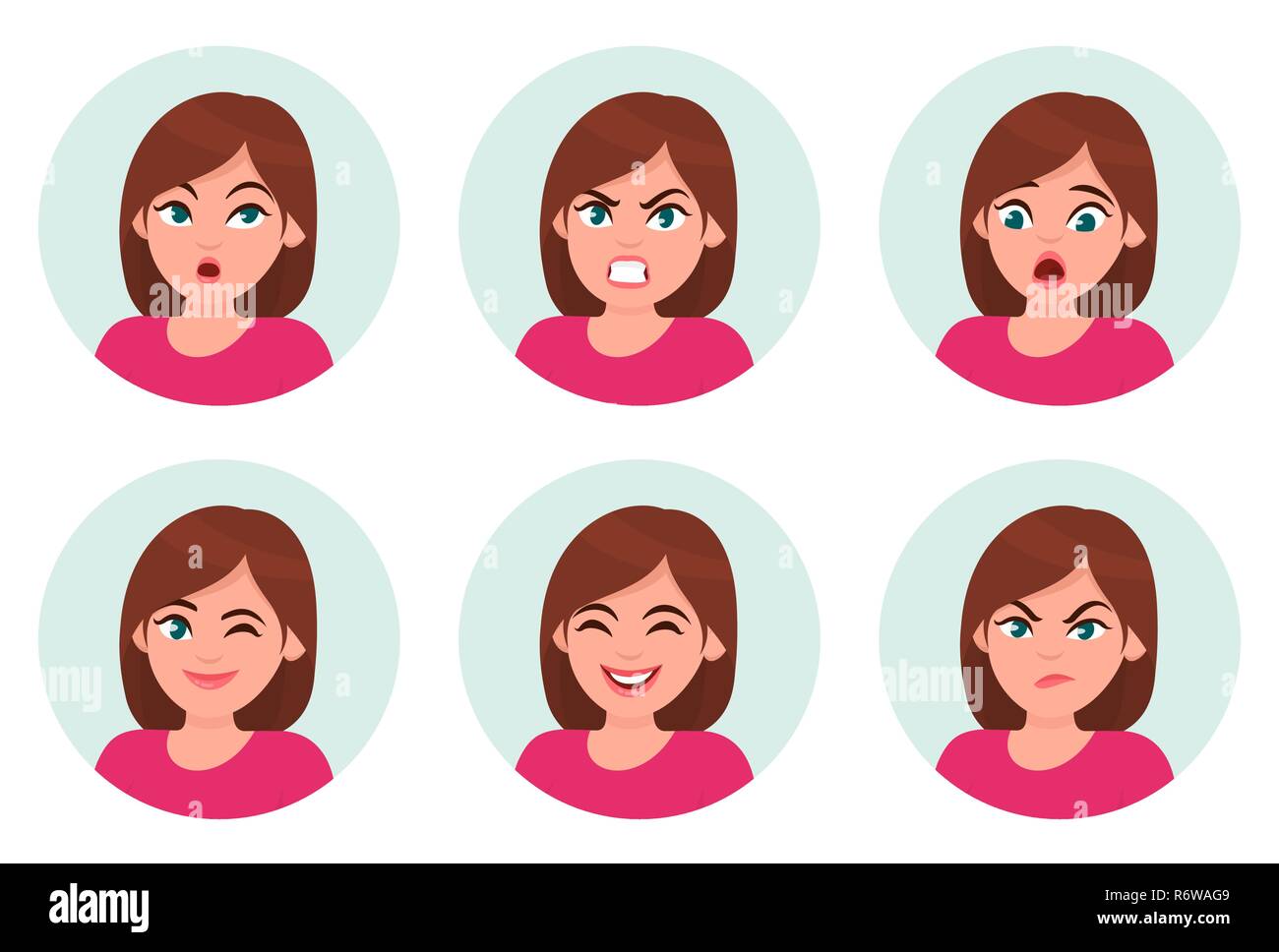 Set di ragazza/donna emozioni del viso. Diverse emozioni femmina set. Donna carattere emoji con espressioni diverse. Illustrazione Vettoriale. Illustrazione Vettoriale