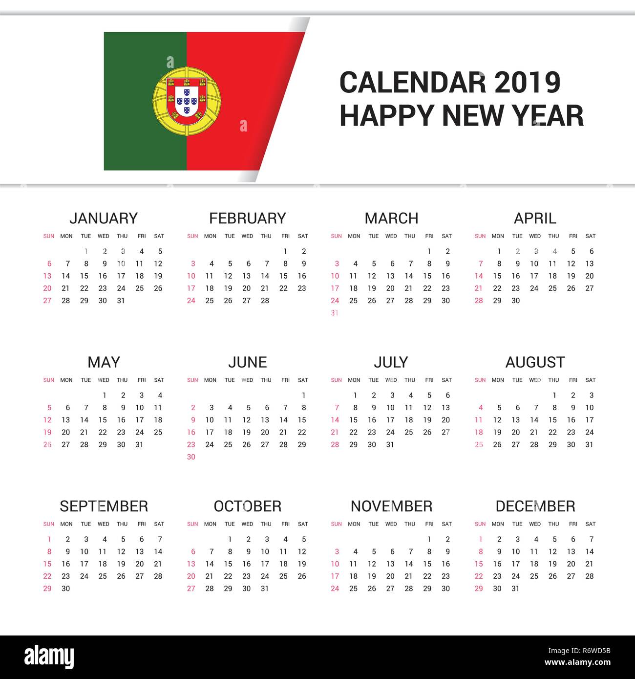 Calendario 2019 Portugal Flag dello sfondo. Lingua inglese Illustrazione Vettoriale