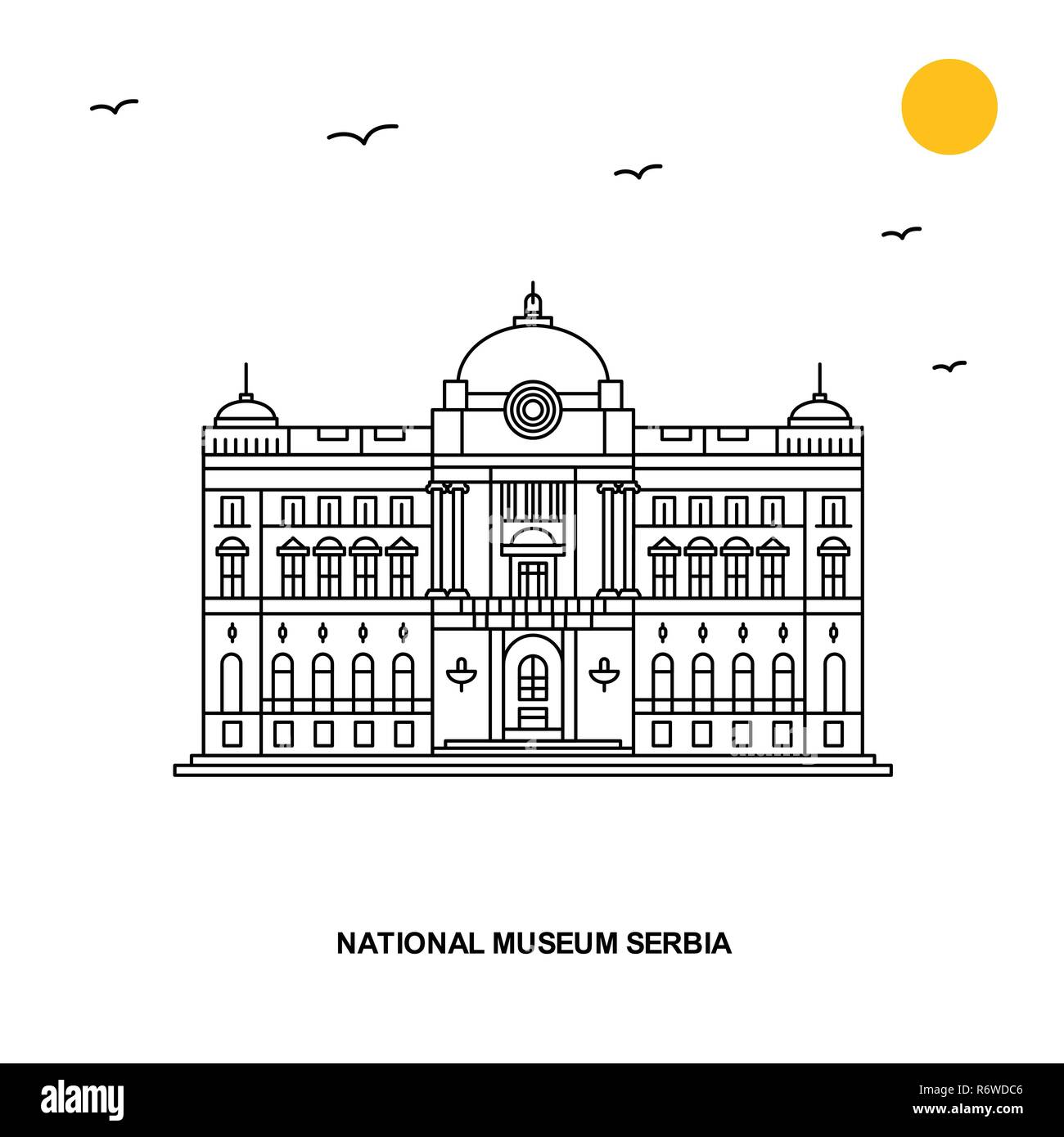 Museo nazionale di Serbia monumento. Viaggi nel mondo naturale sfondo illustrazione in stile linea Illustrazione Vettoriale