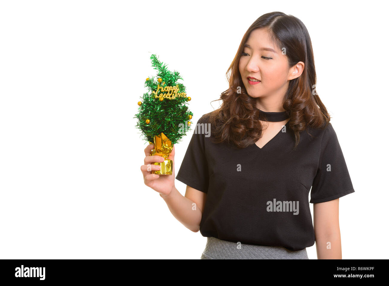 Giovani asiatici felice imprenditrice holding felice anno nuovo albero Foto Stock