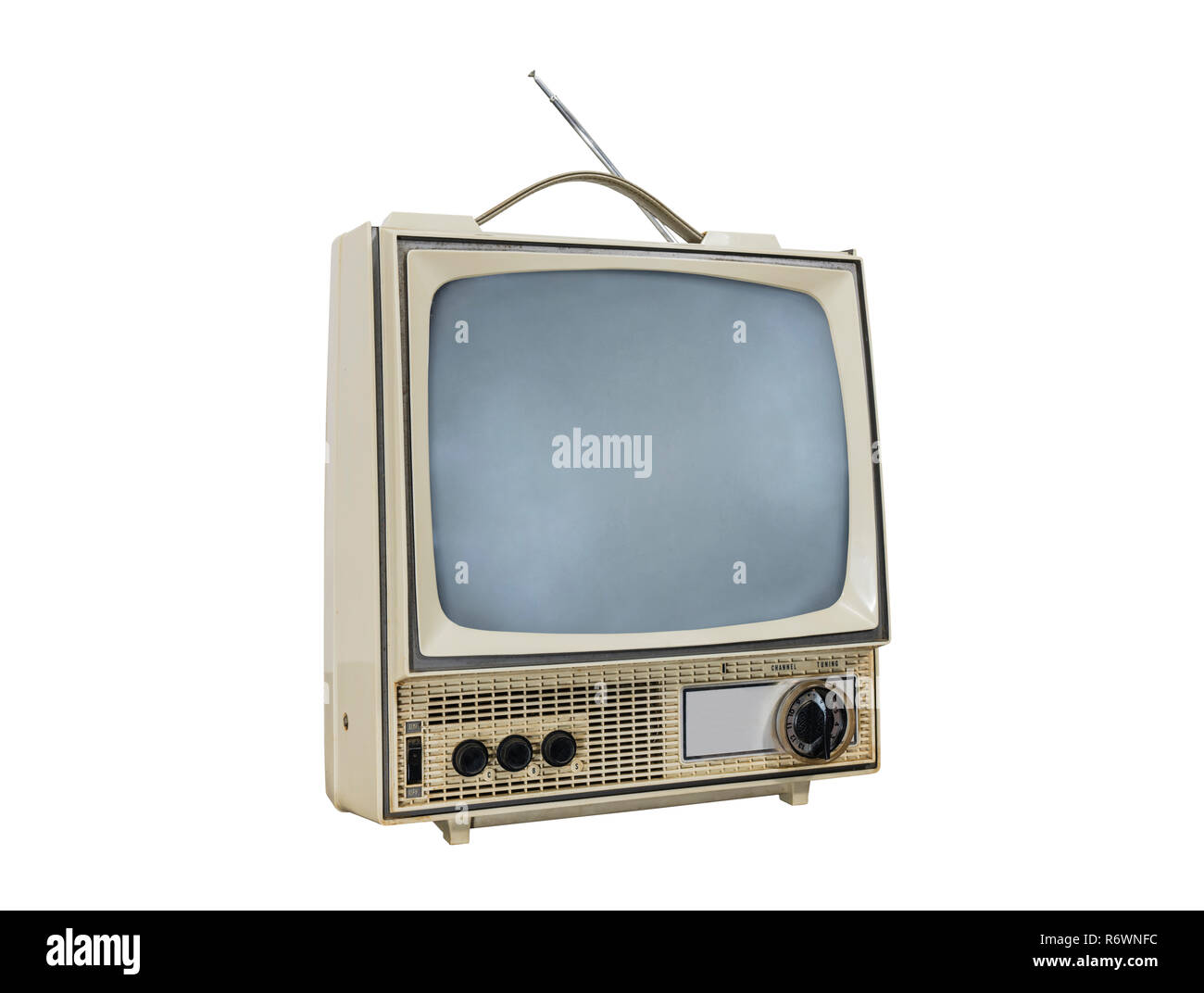 Sporco vintage televisore portatile isolato su bianco con disattivata sullo schermo. Foto Stock