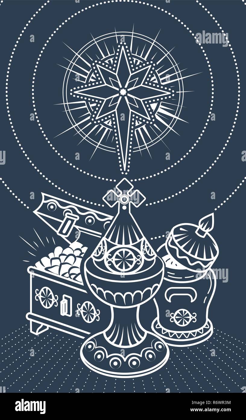 In bianco e nero le illustrazioni con tradizionale Magi offerte per festeggiare epifania: incenso, mirra e oro. Icona, silhouette in un stile lineare. Illustrazione Vettoriale
