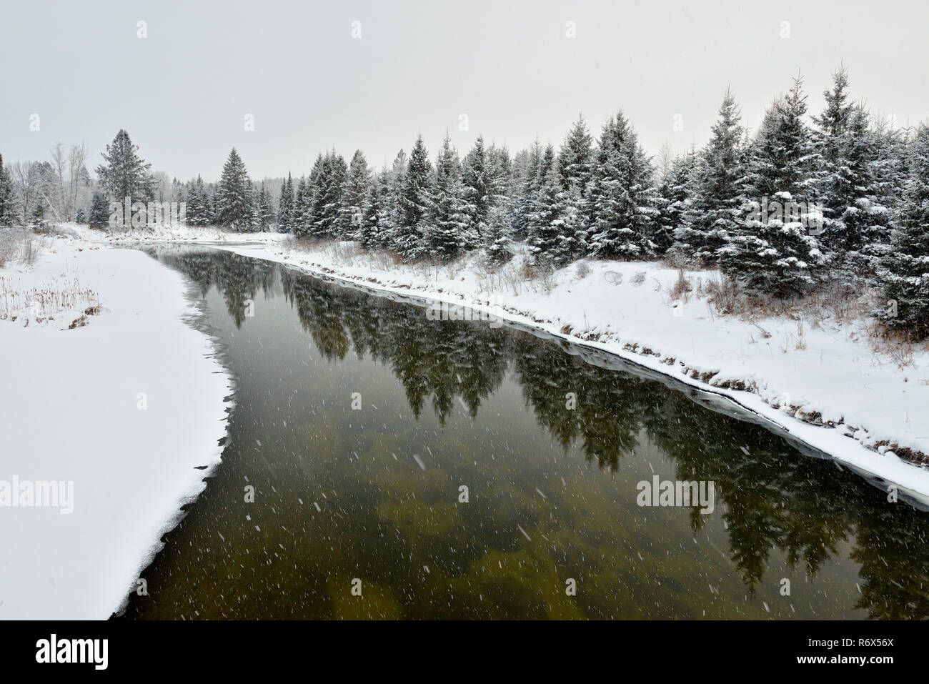 Junction Creek a inizio inverno con neve fresca, maggiore Sudbury, Ontario, Canada Foto Stock