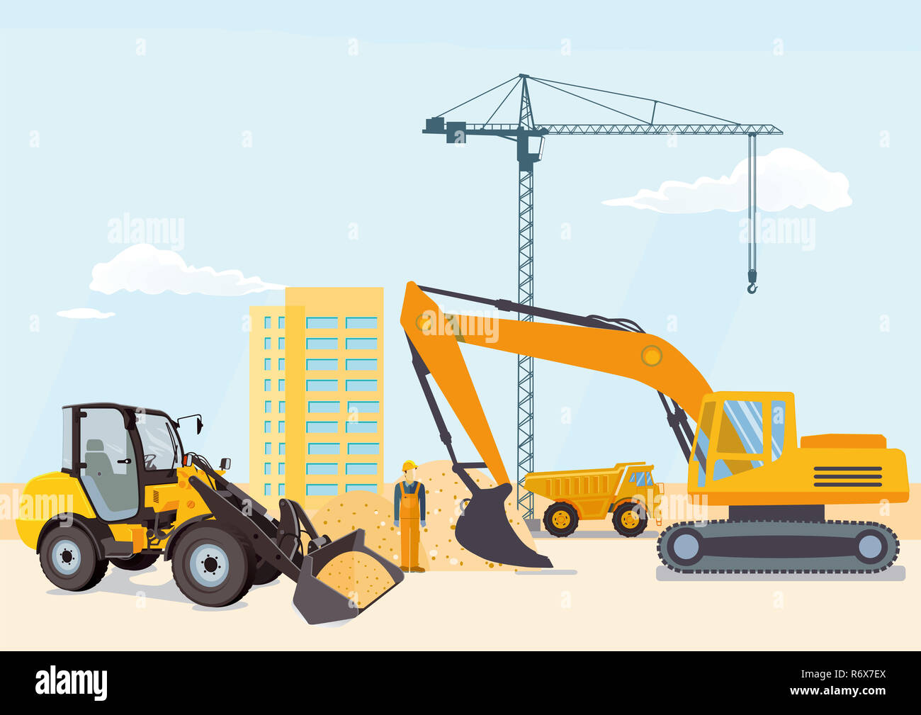 Escavatore e pala caricatrice gommata presso il sito in costruzione Foto Stock
