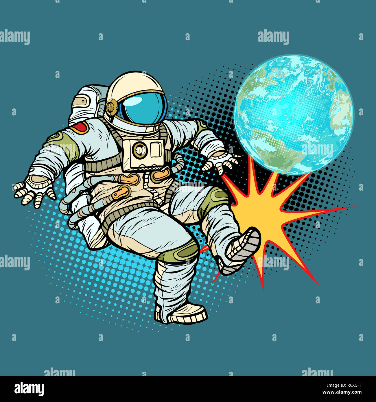 Astronauta svolge il pianeta Terra il calcio Foto Stock