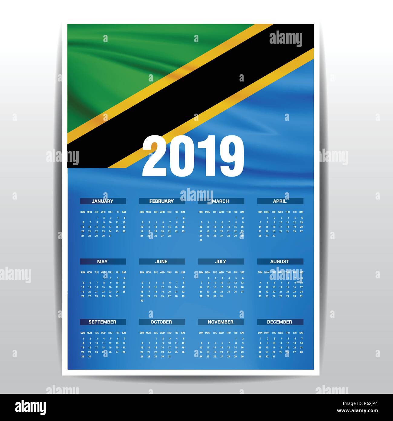 Calendario 2019 Tanzania bandiera dello sfondo. Lingua inglese Illustrazione Vettoriale