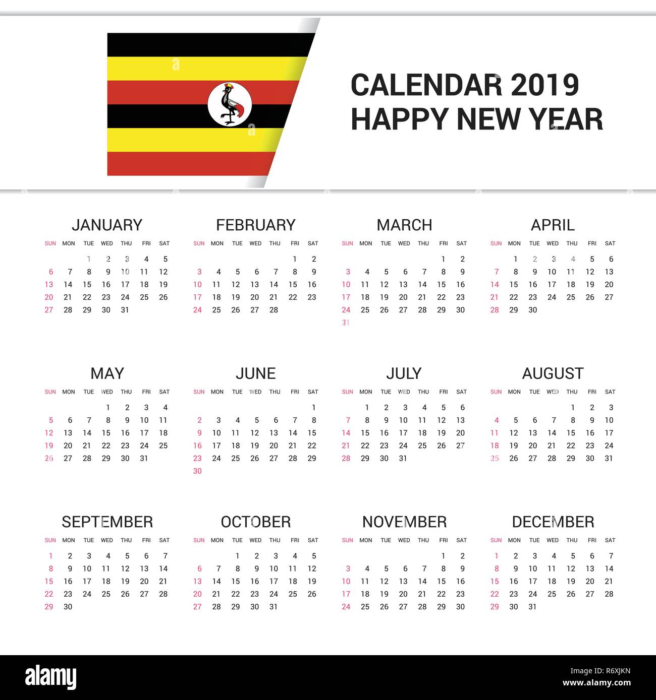 Calendario 2019 Uganda bandiera dello sfondo. Lingua inglese Illustrazione Vettoriale