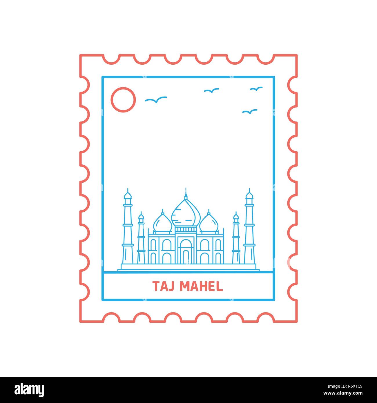 TAJ MAHEL francobollo blu e rosso stile di linea, illustrazione vettoriale Illustrazione Vettoriale
