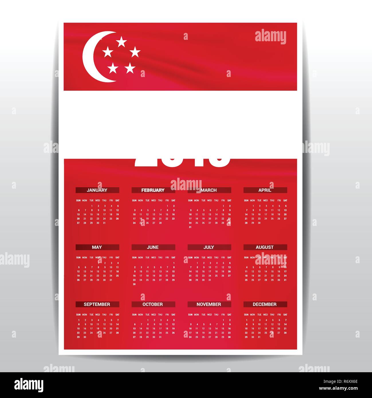 Calendario 2019 Bandiera di Singapore dello sfondo. Lingua inglese Illustrazione Vettoriale