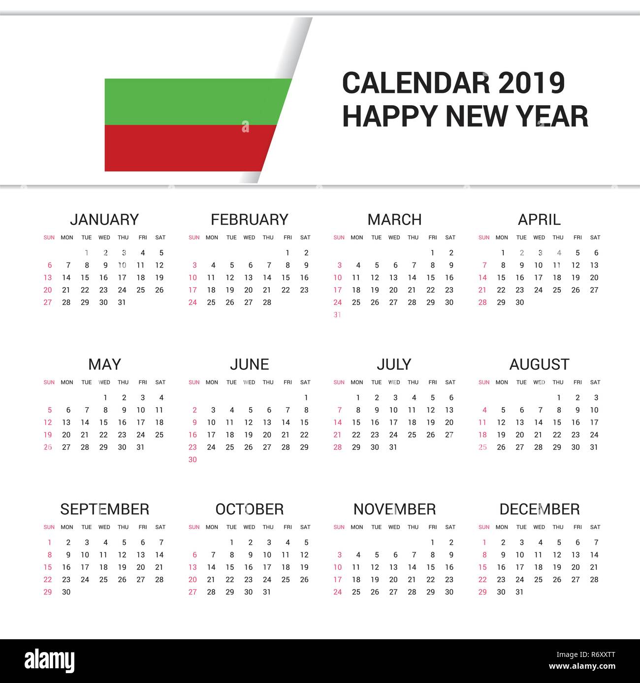 Calendario 2019 Bulgaria bandiera dello sfondo. Lingua inglese Illustrazione Vettoriale