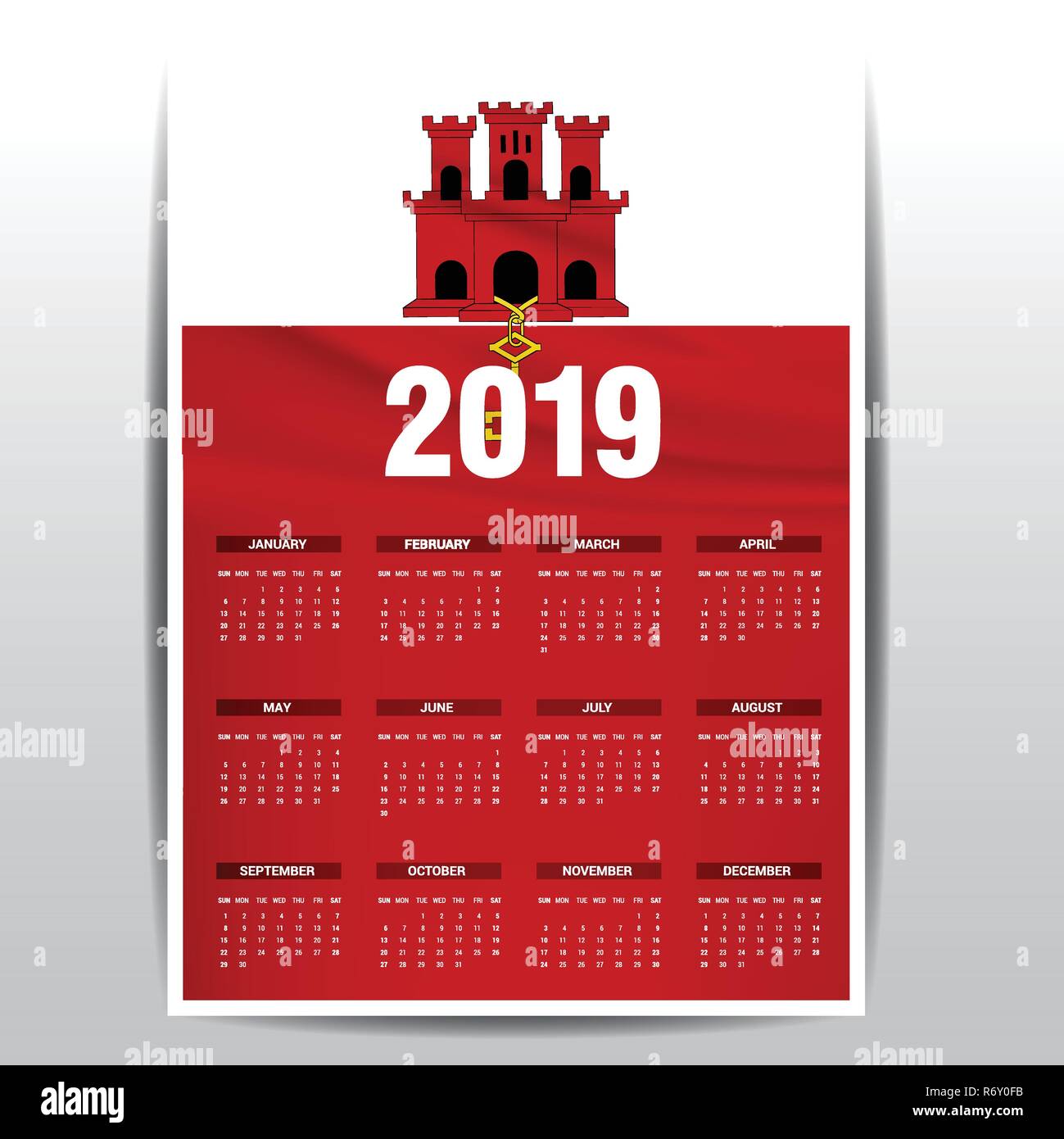 Calendario 2019 Gibilterra bandiera dello sfondo. Lingua inglese Illustrazione Vettoriale