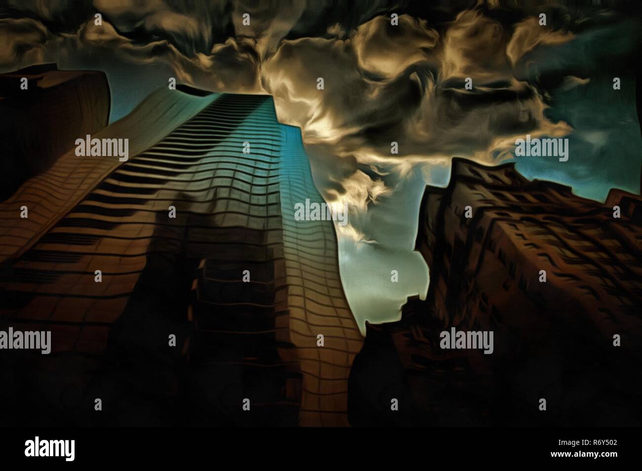 Grattacieli e cielo nuvoloso. Olio su tela Foto Stock