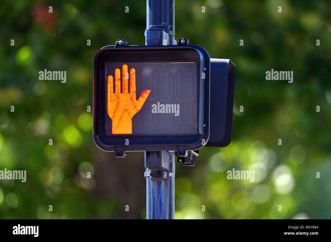 Ginevra, Illinois, Stati Uniti d'America. Un segno in un crosswalk dirigere i pedoni quando è sicuro di camminare lungo la strada. Foto Stock