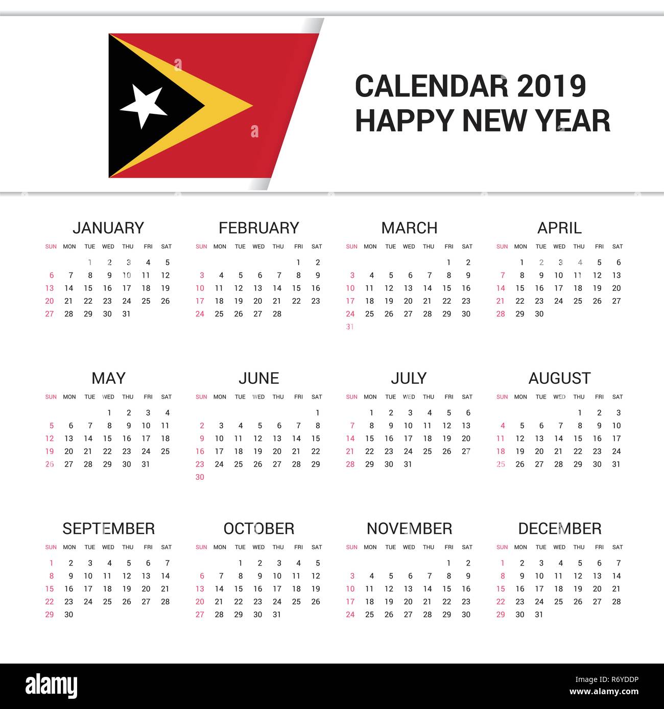 Calendario 2019 Timor Est bandiera dello sfondo. Lingua inglese Illustrazione Vettoriale