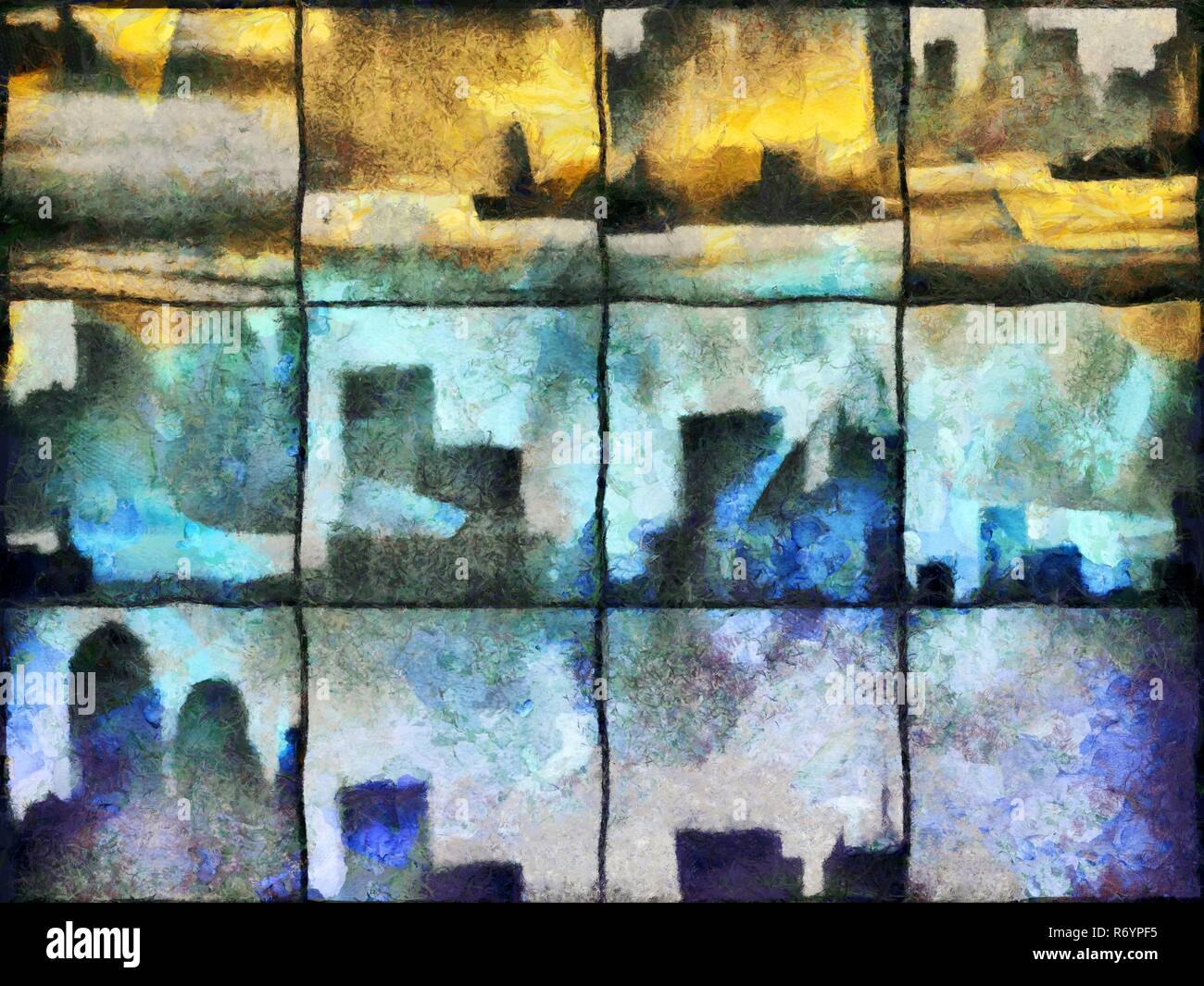 Una pittura astratta. Silhouette urbana sulla piazza mosaico. Foto Stock