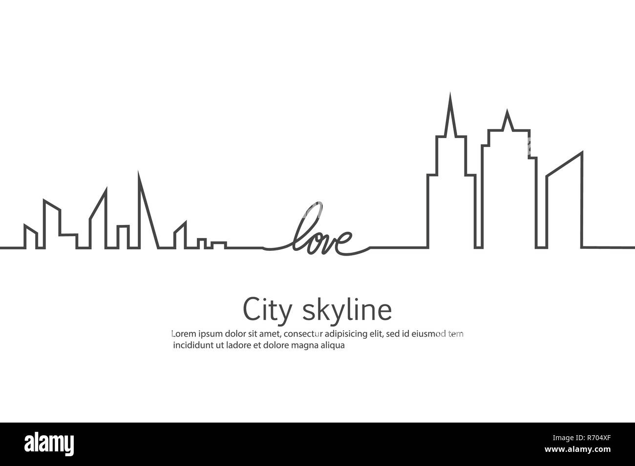 La silhouette della città e nel cuore e amore in continuo le linee di disegno in un appartamento di stile. Moderno paesaggio urbano. Illustrazioni vettoriali. Città grattacieli Ufficio edilizia orizzonte.rappresentazione in linea continua Foto Stock