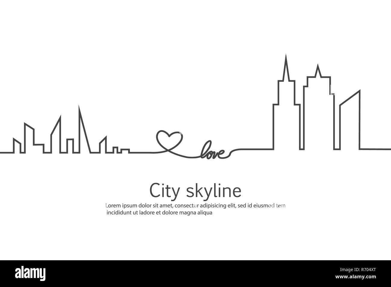 La silhouette della città e nel cuore e amore in continuo le linee di disegno in un appartamento di stile. Moderno paesaggio urbano. Illustrazioni vettoriali. Città grattacieli Ufficio edilizia orizzonte.rappresentazione in linea continua Foto Stock