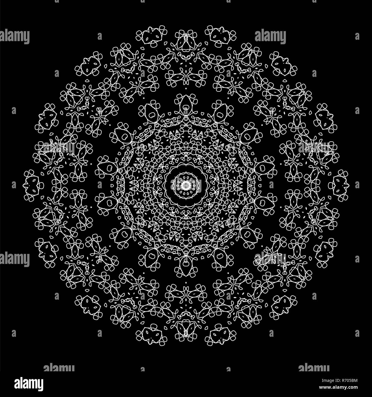 L'Islam, l'Arabo, indiano, motivi Ottomano. Ornamento di contorno isolati su sfondo nero. Amulet etnica del mandala Foto Stock