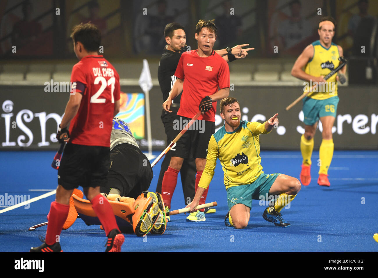 Bhubaneswar, India. 7 Dic 2018. Fieldhockey Campionati del mondo: Australia v Cina obiettivo celebrazione Jake Whetton dell Australia Credit: arancione foto vof/Alamy Live News Foto Stock