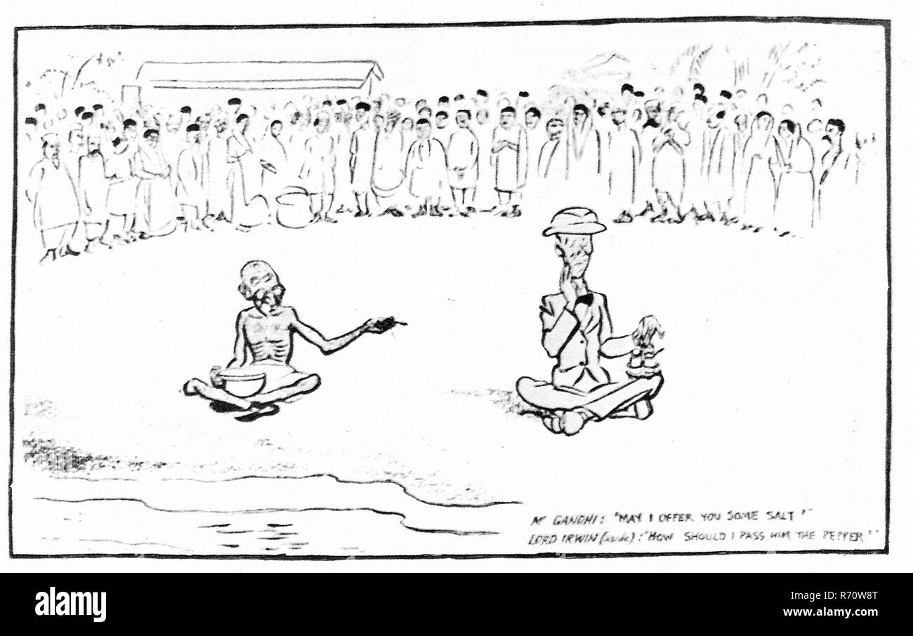 Mahatma Gandhi sale agitazione cartone animato, scambio di condimenti su Dandi Seashore, Evening Standard, Londra, Inghilterra, Regno Unito, 1930, vecchia immagine del 1900 Foto Stock