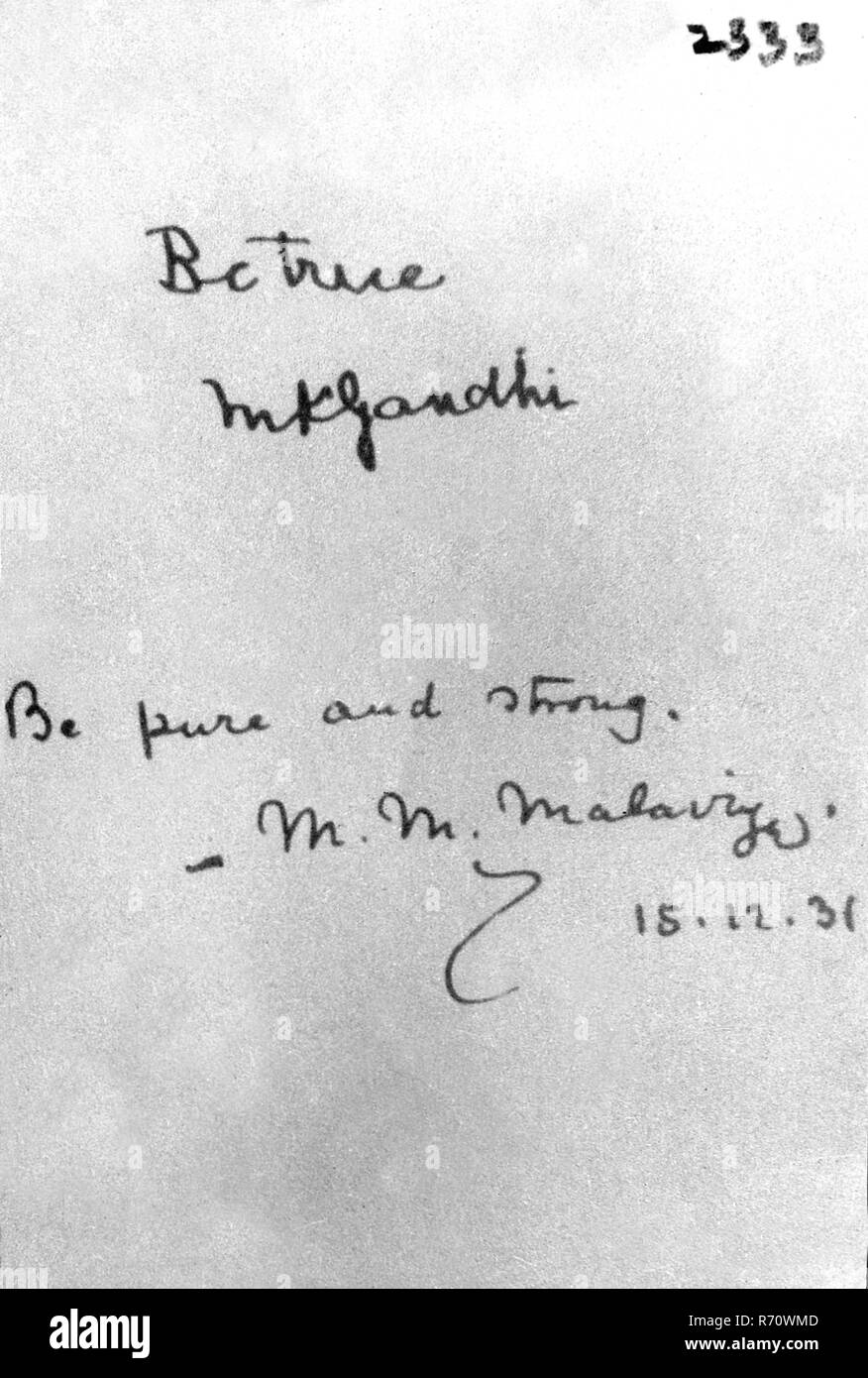 Essere vero, M.K. Gandhi, Mahatma Gandhi messaggio per un passeggero a bordo di SS Pilsna, e essere puro e forte da M. M. Malaviya, 15 dicembre 1930, vecchia immagine del 1900 Foto Stock